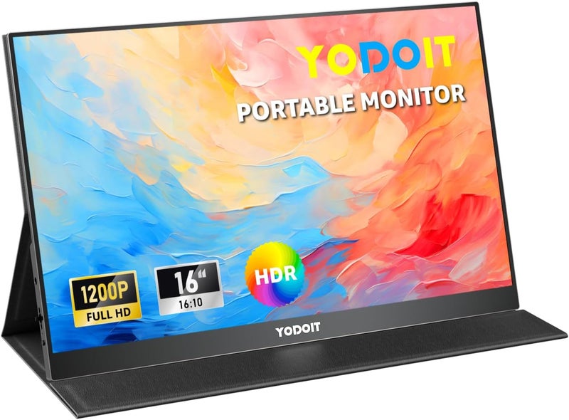 Yodoit Portable Monitor for Laptop 1920×1200 16" FHD Screen IPS Display with USB Type C Port, Built-in Speakers and Smart Cover Compatible with PC, MacBook, Xbox (Black) - Image 1